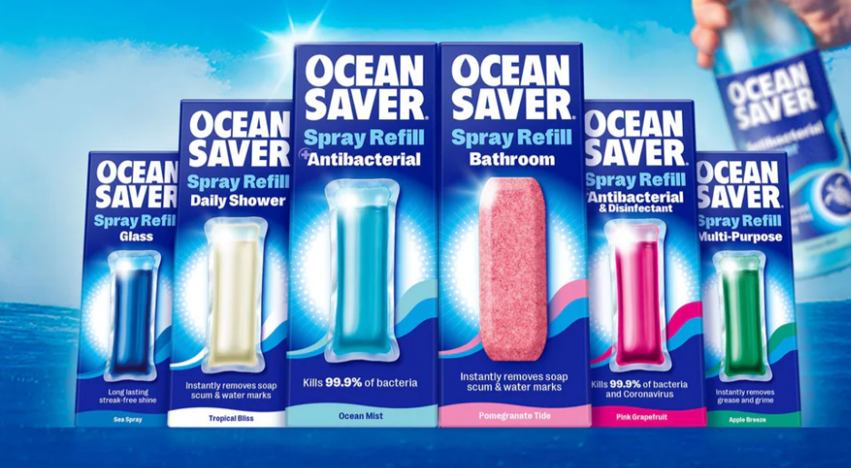 Picture of ocean saver spray refills. From left to right Glass, Daily Shower, Antibacterial, Bathroom, Antibacterial & Disinfectant, Multi-Purpose. 